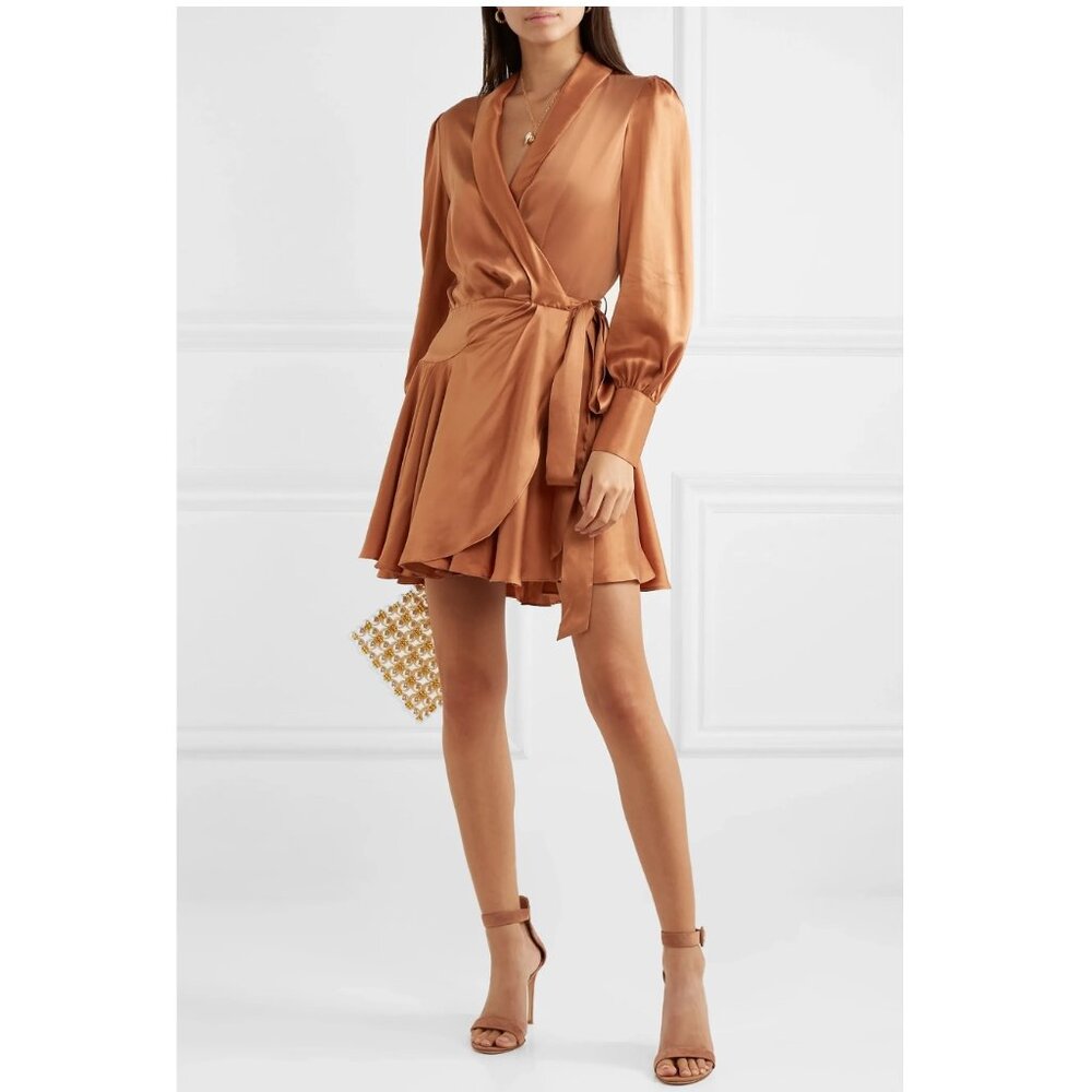 Zimmermann Espionage Silk Wrap Dress Bronze Sz 3 $595